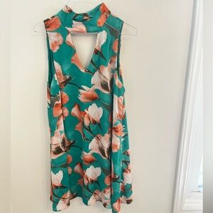 Peach Love California Green Floral Shift Dress with Coral Accents